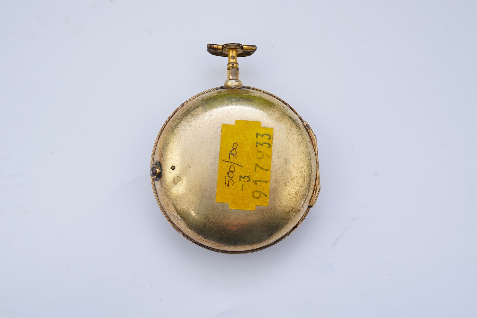 A George III silver gilt pair cased rack lever keywind pocket watch by P. Litherland & Co, Liverpool, with Roman dial and subsidiary seconds (hand missing)